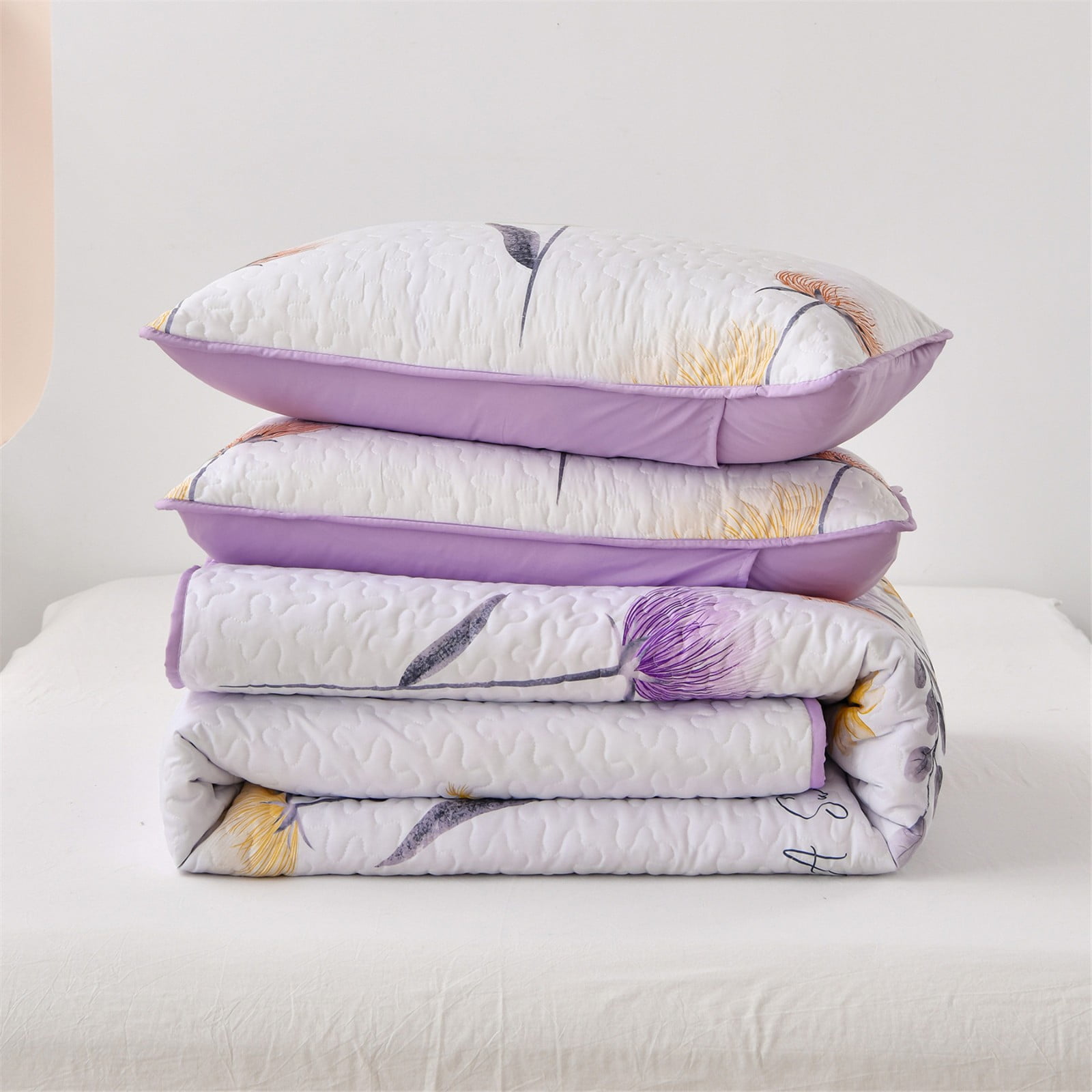 Dintszyayue Floral Quilt Set King Size, 3Pcs Purple Bedding Set Lightweight Coverlet Adult(90"x110")