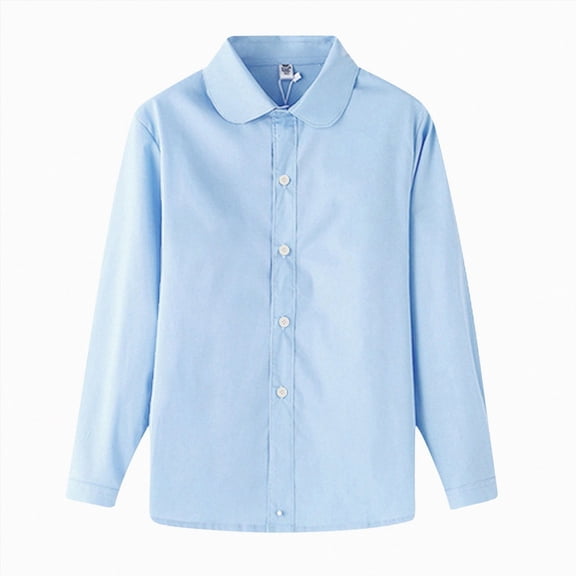WUANDIXFA Girls Blouse 4-13 Years Girls Collar Shirt Long Sleeve Button Down Uniform Shirts Soft Blouse Tops,Blue,7-8 Years