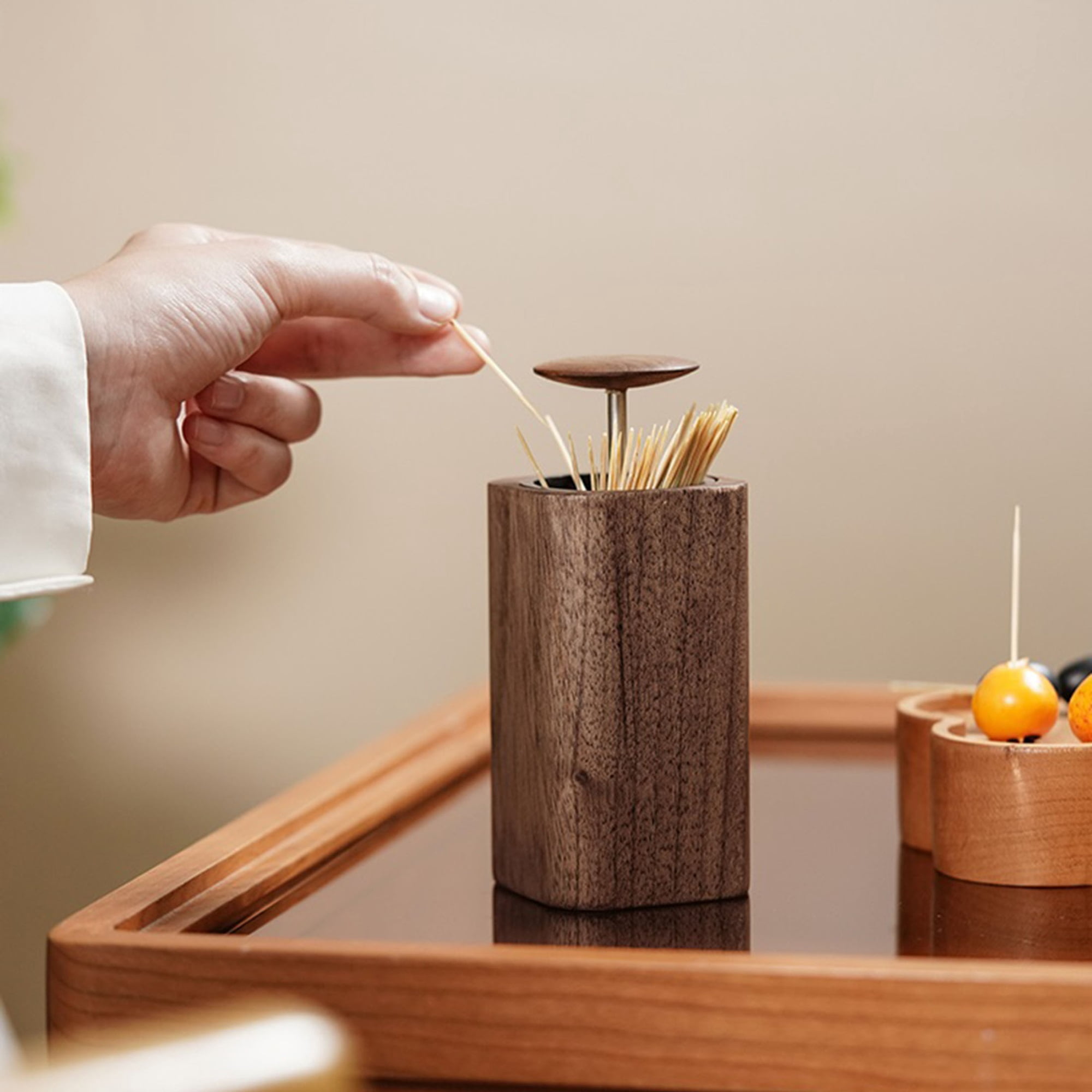 Pop-up Automatic Toothpick Dispenser, Walnut Toothpick Holder