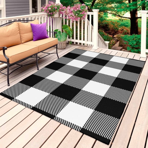 Black White Plaid Outdoor Rug 5x8 Ft, Non Slip Washable Area Rug, Farmhouse Modern Abstract Art Buffalo Patio Rugs Carpet Runner, Large Floor Mat for Indoor/Outdoor Deck Porch Camping