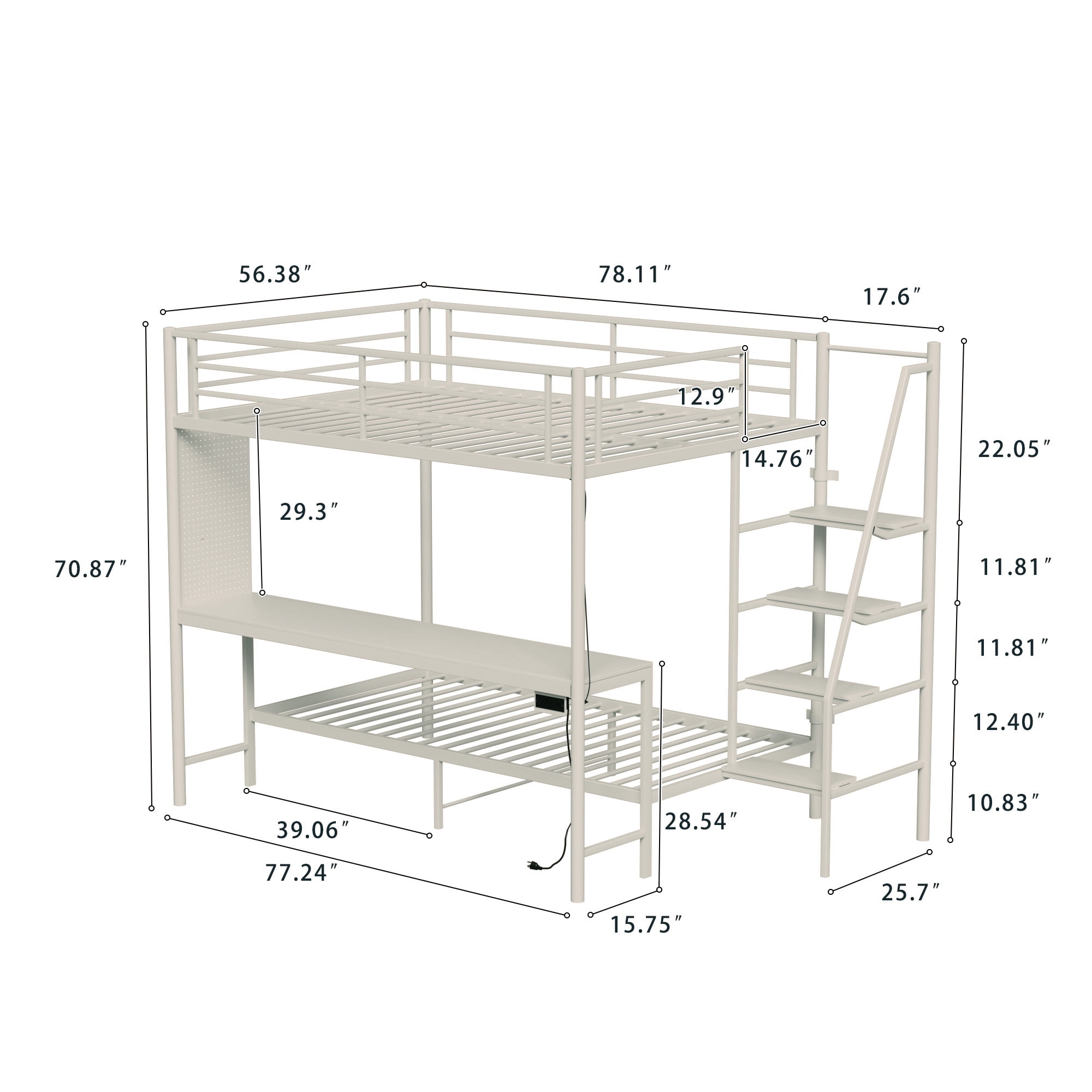 Leumius Full over Full Bunk Bed with Desk and Storage Stairs,Metal Bed Frame with Full Length Guardrails and Ladders, White