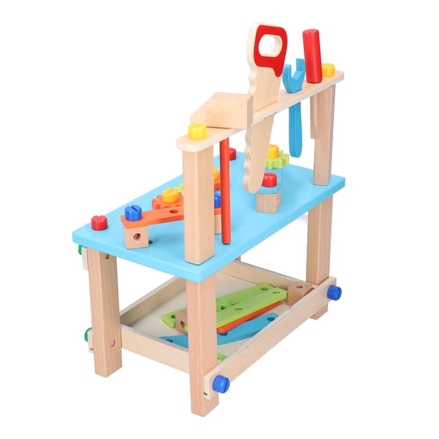 Building Block Toy, Exercise Ability Wooden Workbench Toy Mellow Basswood And Beech Professionally Polished For Kids Party Blue