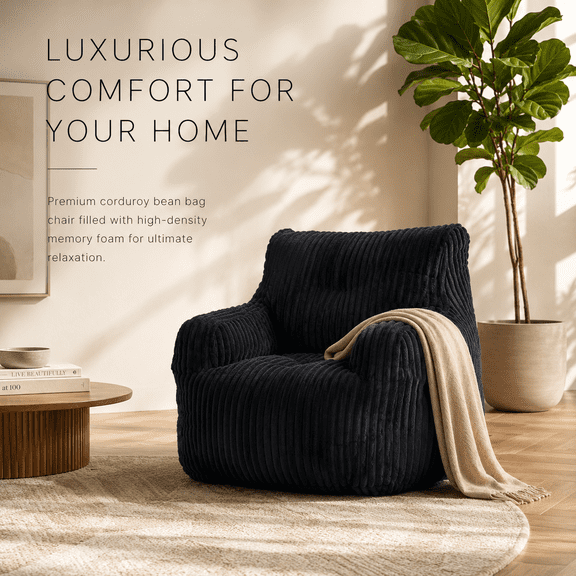 Soft Corduroy Bean Bag Chair with Backrest, Black Memory Foam Sofa