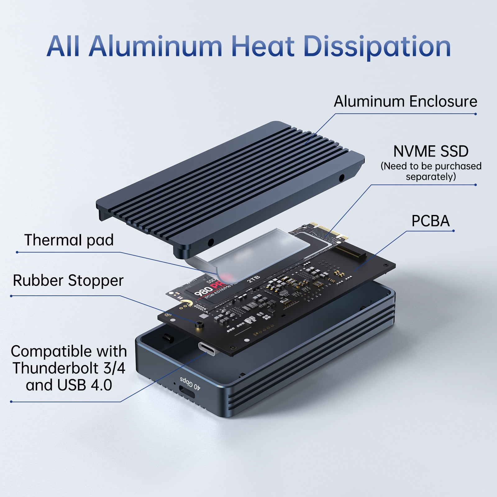 ACASIS 40Gbps M.2 NVMe SSD Enclosure with Aluminum Heat Dissipation & No Noise Design, Tool-Free Installation for M1/M2 Pro/Max, Support 2280 to 2230 SSD Sizes