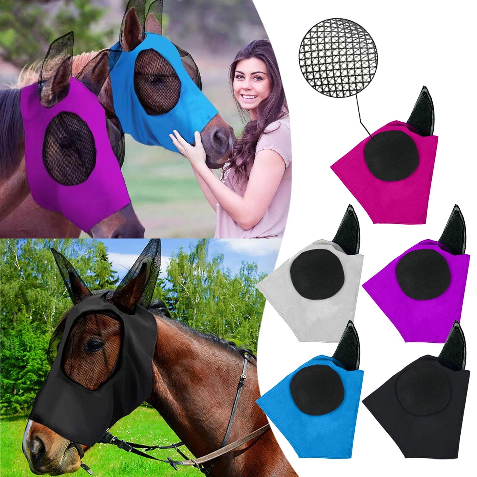 5 Pack UV Block Breathable Mesh Horse Fly Mask With Ear Covers, Extra Large Eye Space Adjustable Tangle-Free Equine Mask for Small Horse Arab Stable Riding Competition