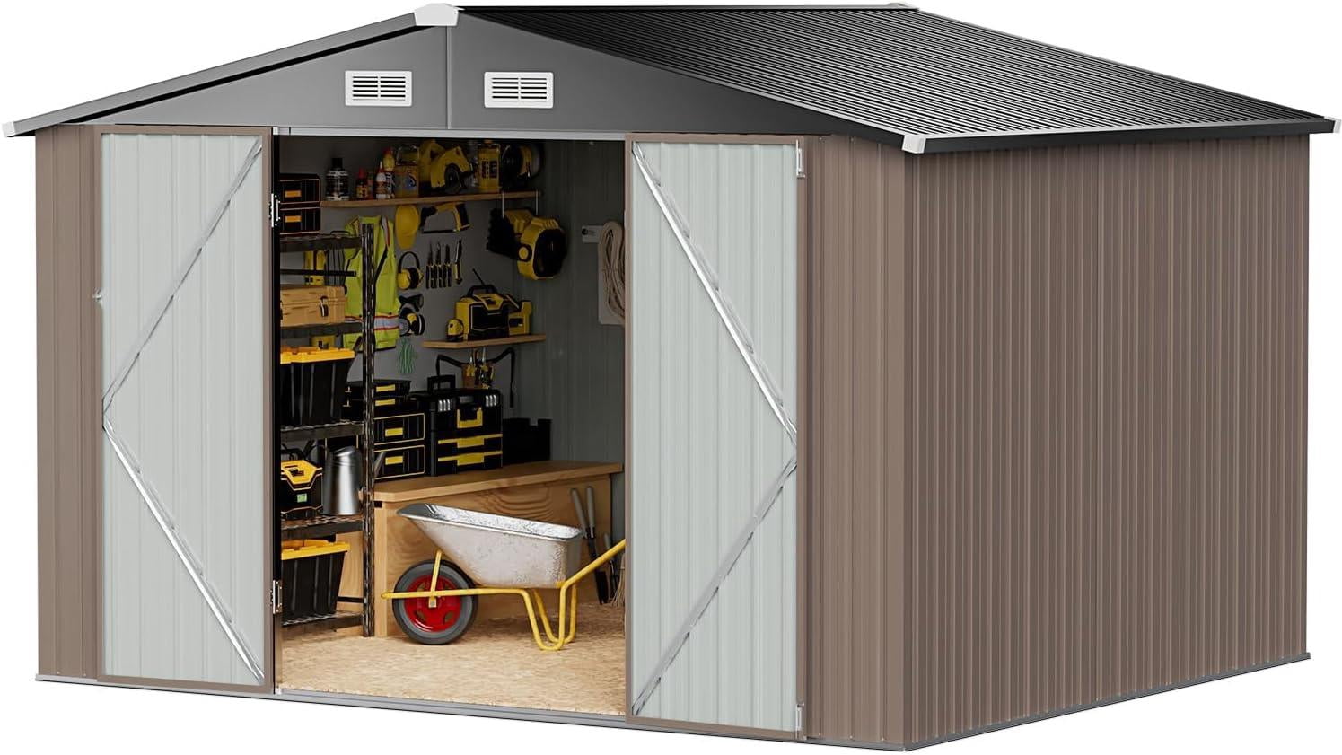 Metal Outdoor Storage Shed 9.7' x 7.6', Outdoor Metal Shed with Base Frame for Tool, Garden, Bike, Brown