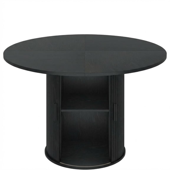47" Round Farmhouse Dining Table for 4-6 - 2-Tier Storage Pedestal with Sliding Wood Door & Striped Base - Modern Kitchen & Dining Table-Black
