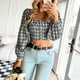 thumbnail image 2 of Blusas cortas a cuadros para mujer, blusa corta a cuadros con mangas largas abullonadas, camisa a cuadros para mujer, precio inmejorable, 2 of 6