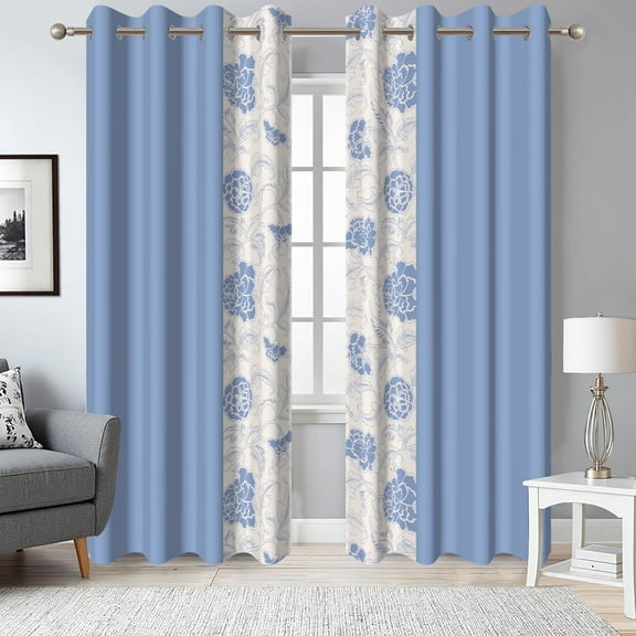 2 Panels Blue Blackout Curtain for Bedroom,Modern Floral Grommet Curtain for Living Room,52x96 Inch