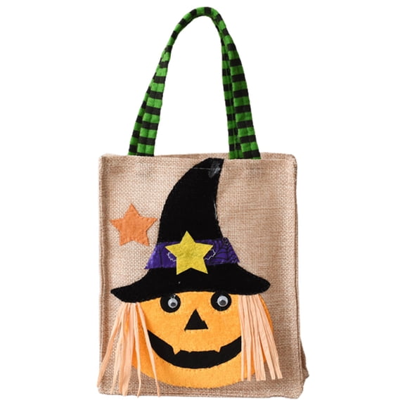 SUSHANG Set of 1 Reusable Halloween Burlap Goodie Bags - Pumpkin Witch Skeleton and Black Cat Printed Drawstring Candy Bags for 𝗞𝗶𝗱𝘀 Trick or Treat Party Favors and Gift Bags
