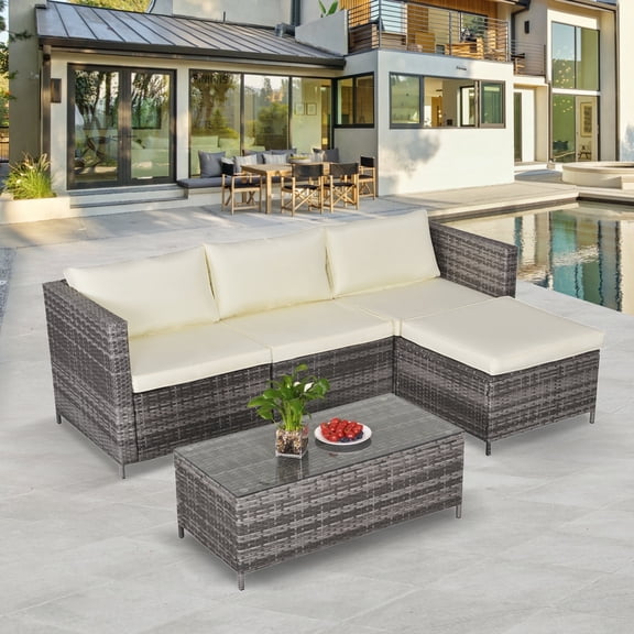 Heynemo Outdoor Patio Furniture 5 Pcs All-Weather Wicker Rattan Sectional Sofa Conversation Set with Ottoman, Cream-White