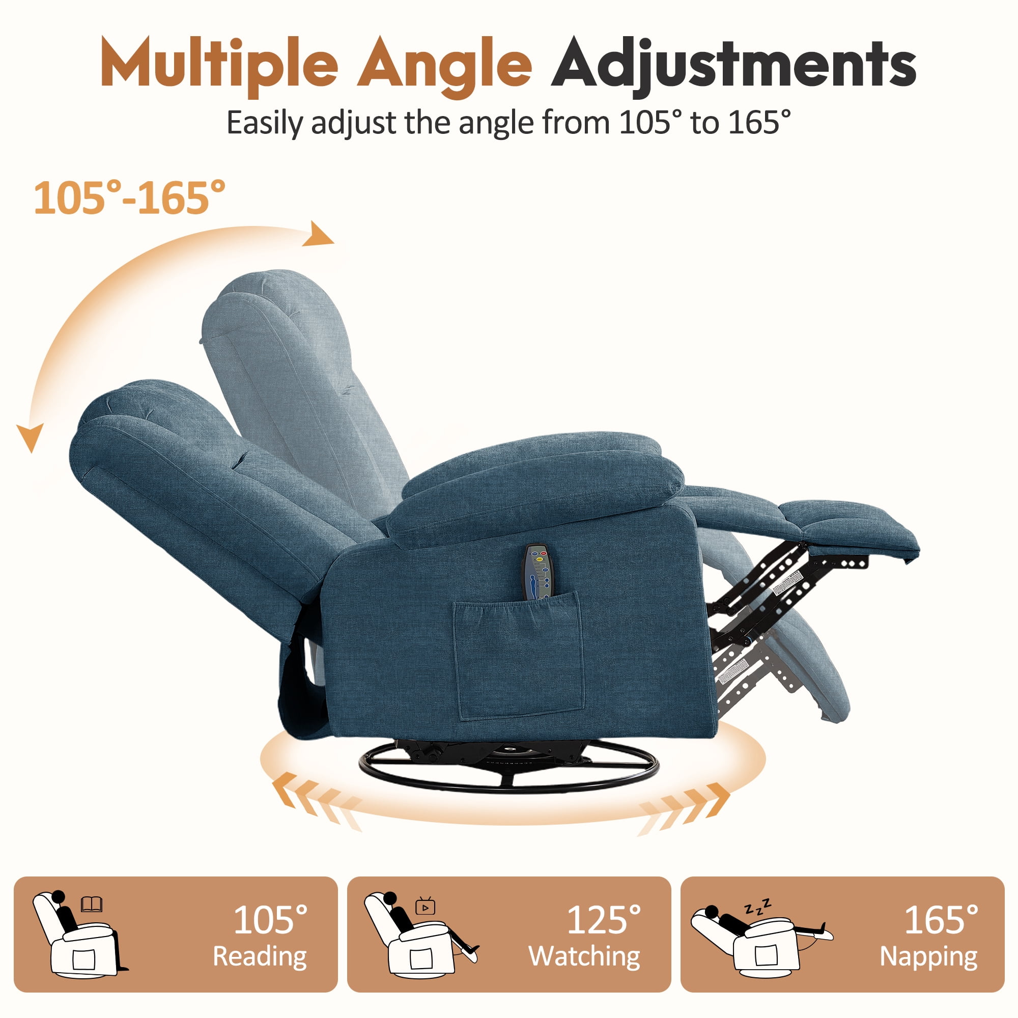 Korser 360°Swivel Rocker Recliner with Massage and Heating,Rocker Recliner Chair for Adults with Side Pockets Nursery Glider Recliner for Living Room,Chenille,Blue
