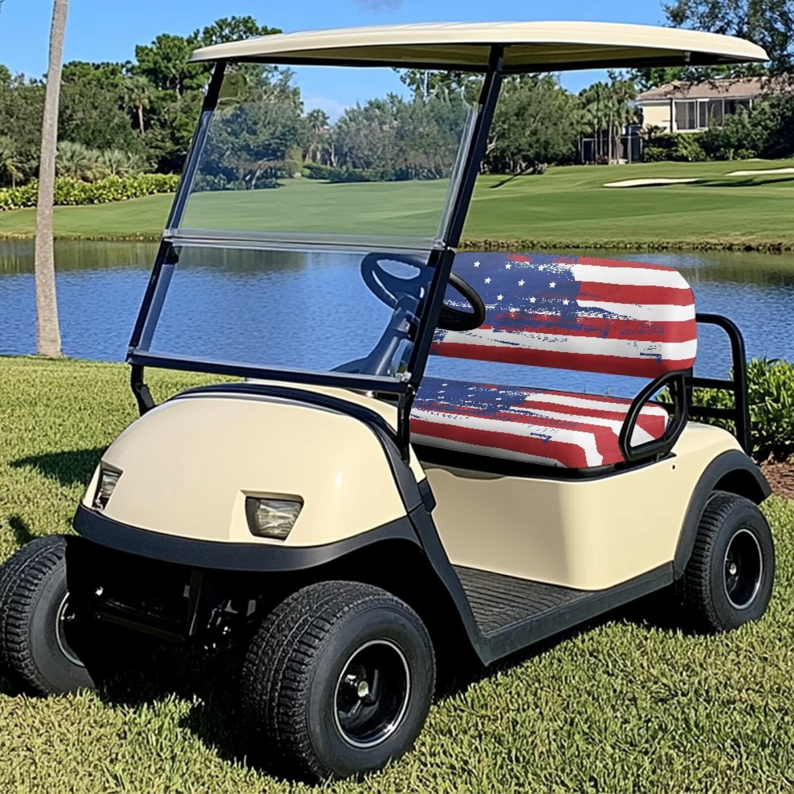 Pzuqiu Universal EZGO TXT Golf Cart Seat Covers Travel Sports Golf Cart Accessories Soft and Comfortable Keep Cool in Summer for 2-Person Seats Club Car, American Flag