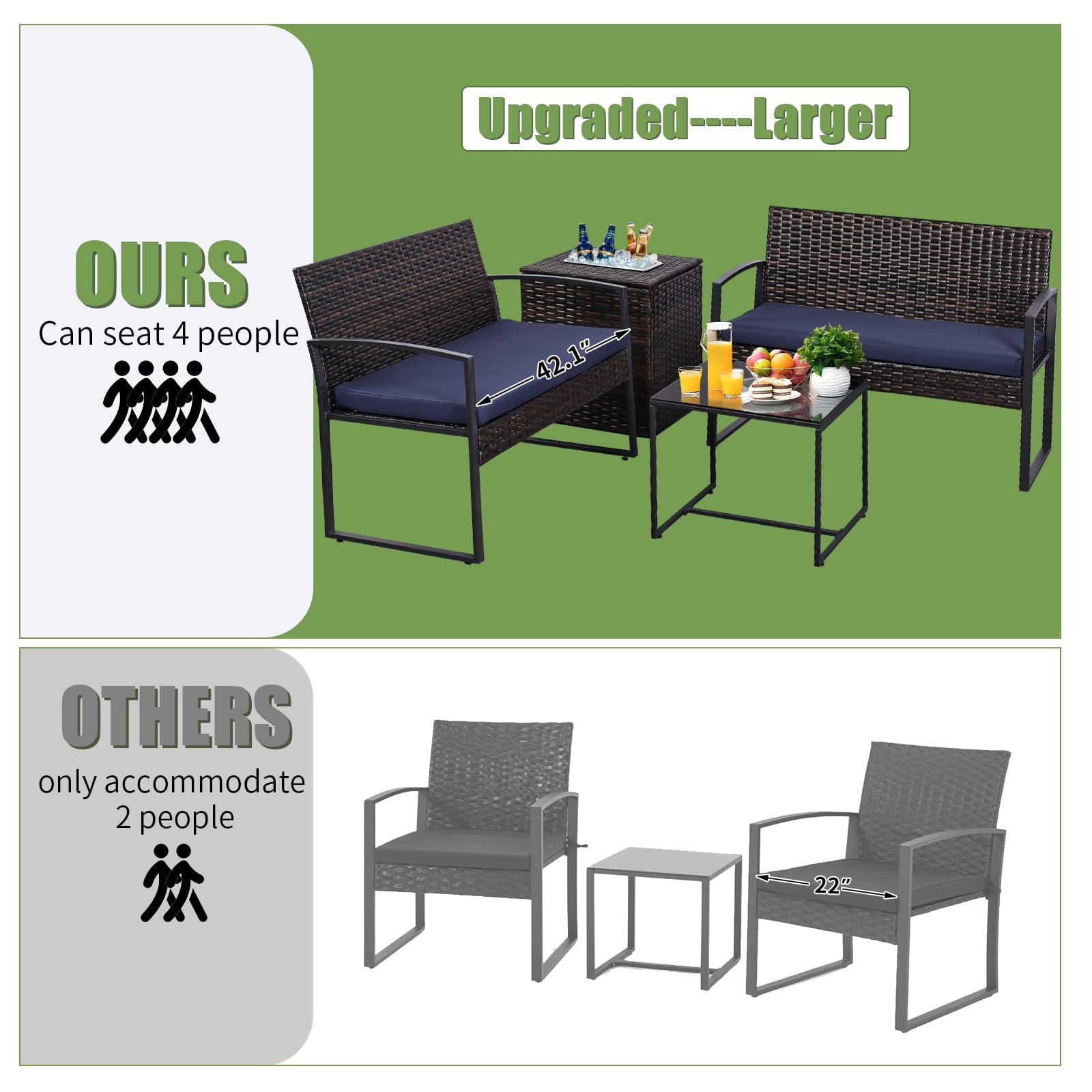 4 Piece Outdoor Patio Furniture Set,Wicker Conversation Sets Patio Sofa Couch with Built-in Beverage Cooler Storage Box & Coffee Table for Outside, Garden, Balcony, Porch,Brown/Blue