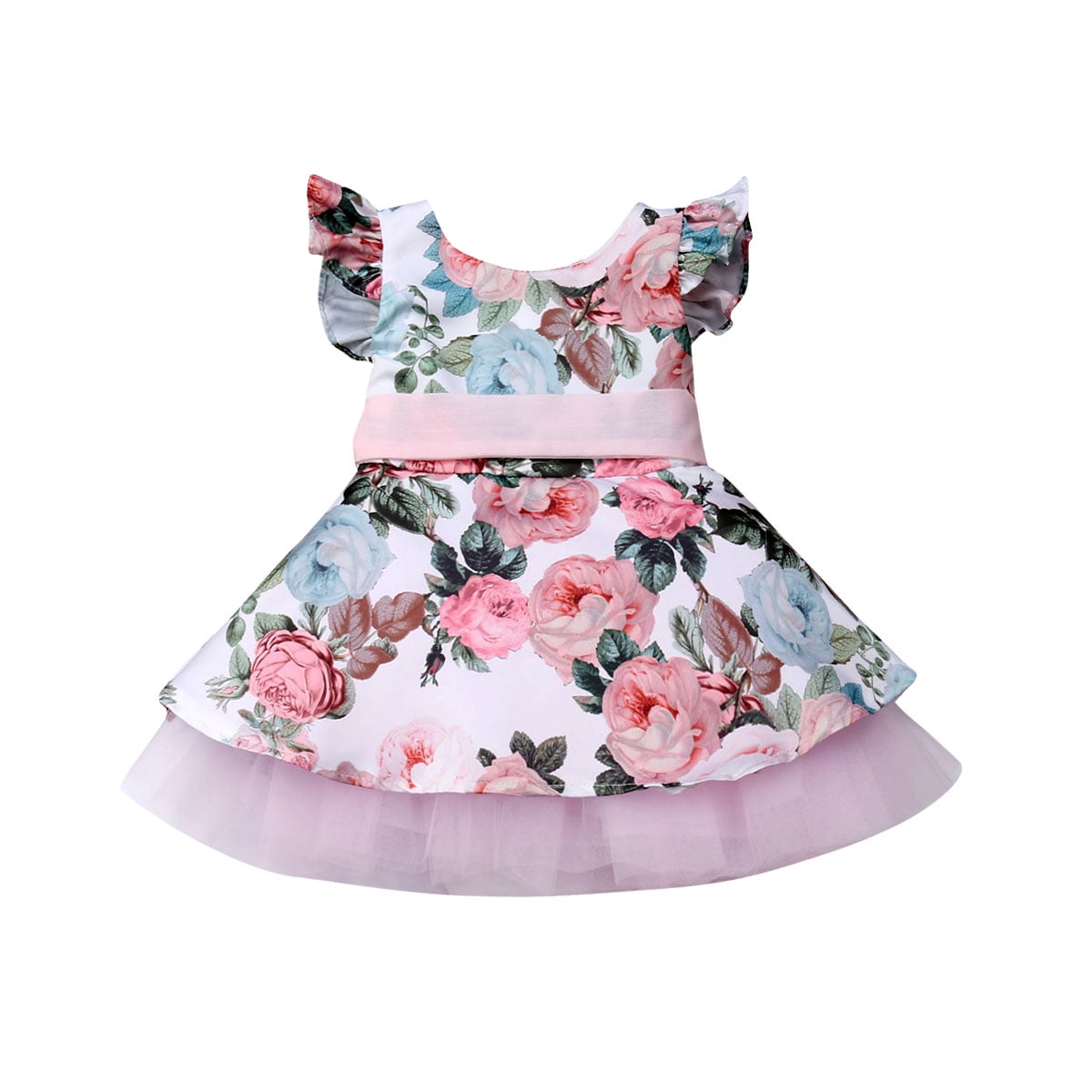 Toddler Baby Girls Ruffles Fly Sleeve Floral Print Party Princess Dress Clothes 