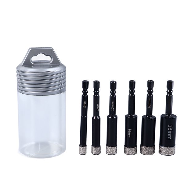 Kit de 6 brocas de diamante en seco de 8, 10, 12, 14, 16 y 18 mm con vástago hexagonal para baldosas de mármol, hormigón y granito.