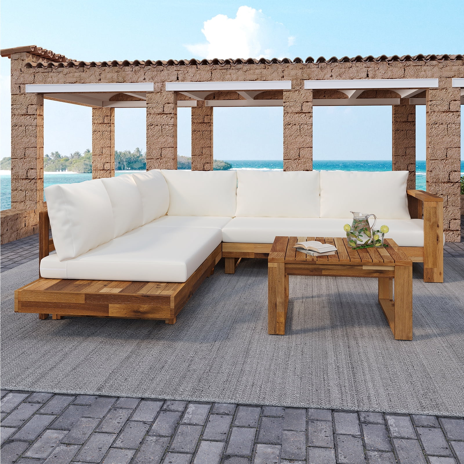 YIYADO Outdoor 4-Piece Acacia Wood Sectional Patio Sofa Set, Modular Outdoor Furniture with Water-Resistant Cushions & Side Table for Patio, Garden, Deck