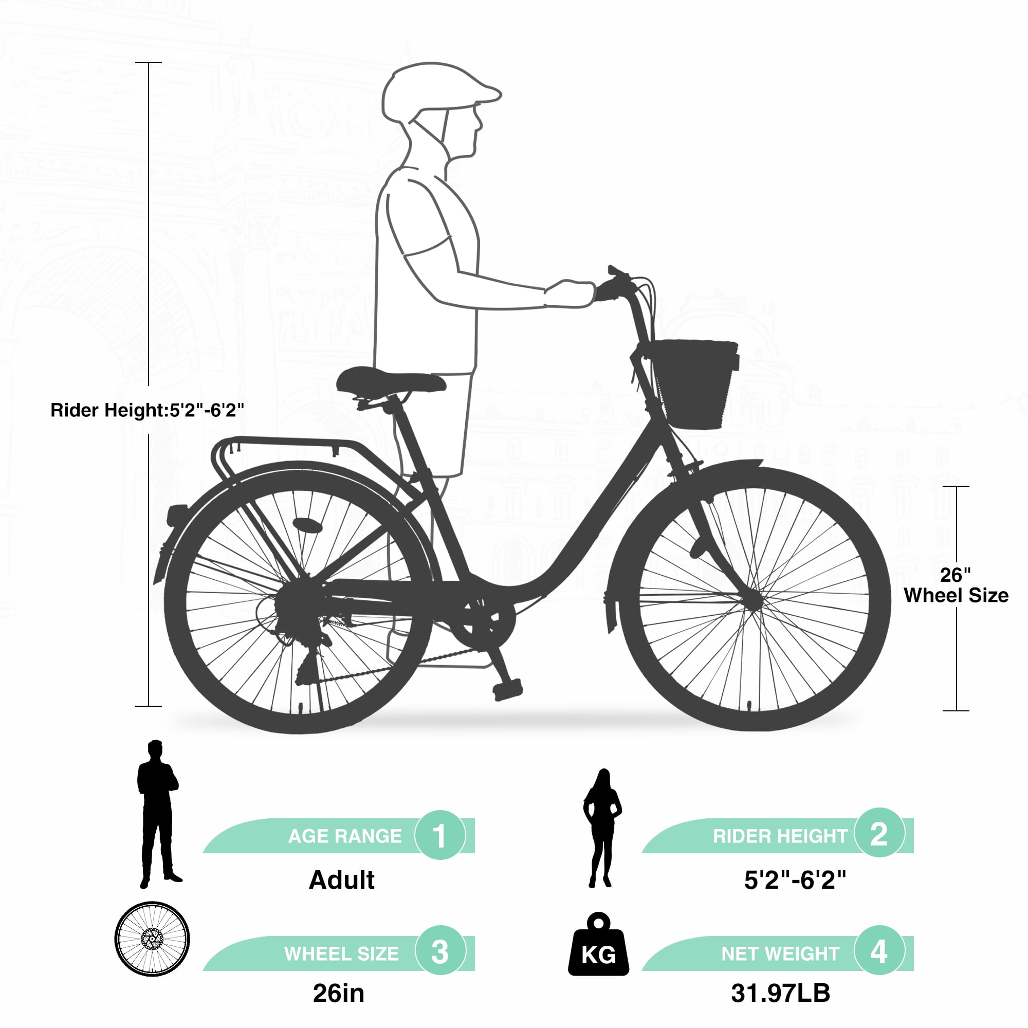 Aukfa Cruiser Bike, Hybrid Bikes with Basket for Women Adult,Green