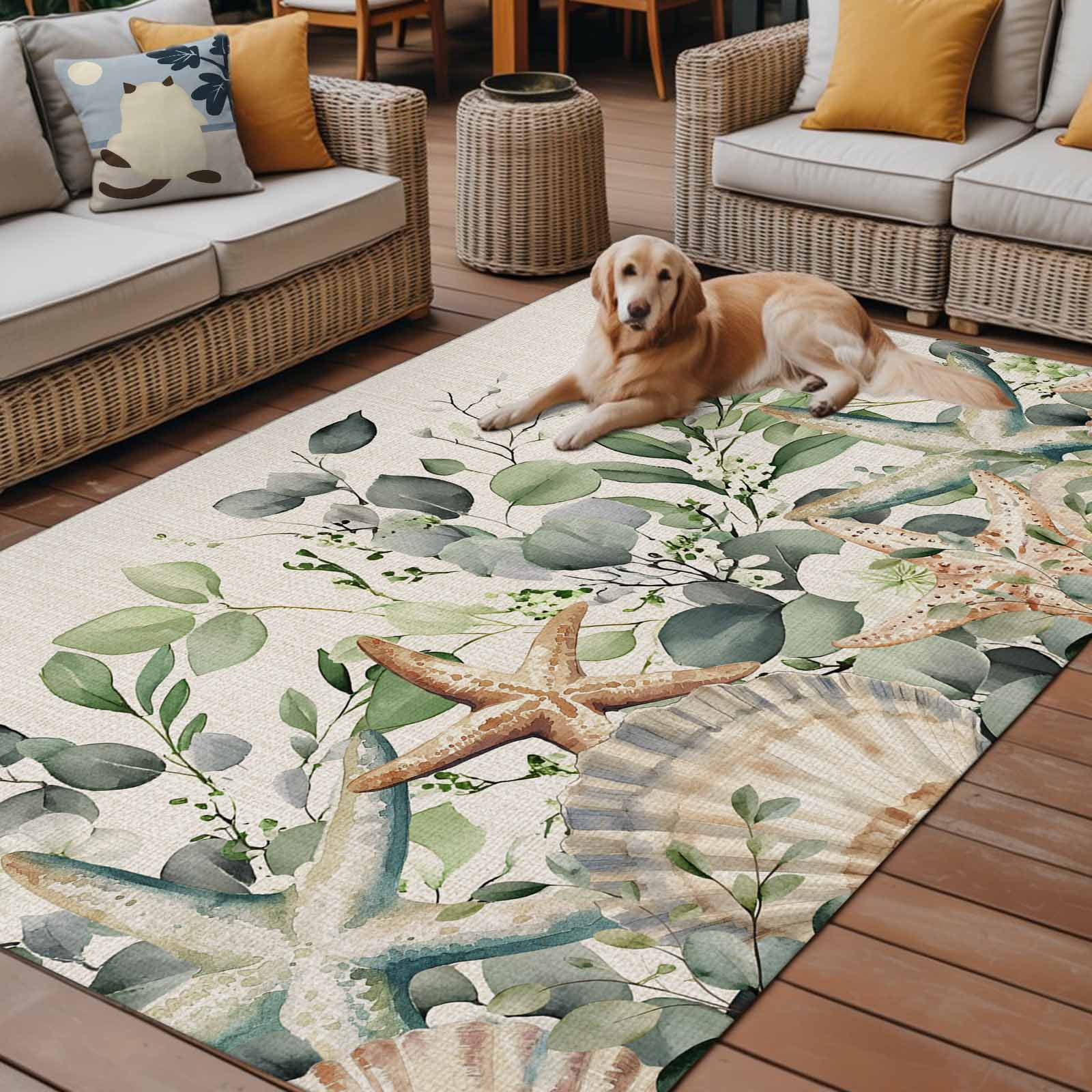 Outdoor Rug 5x8ft Sage Green Eucalyptus Leaves Large Area Rug Starfish Retro Indoor Outdoor Carpet Outdoor Rugs Mats for Patio Camping,RV,Front Door, Outside Decor