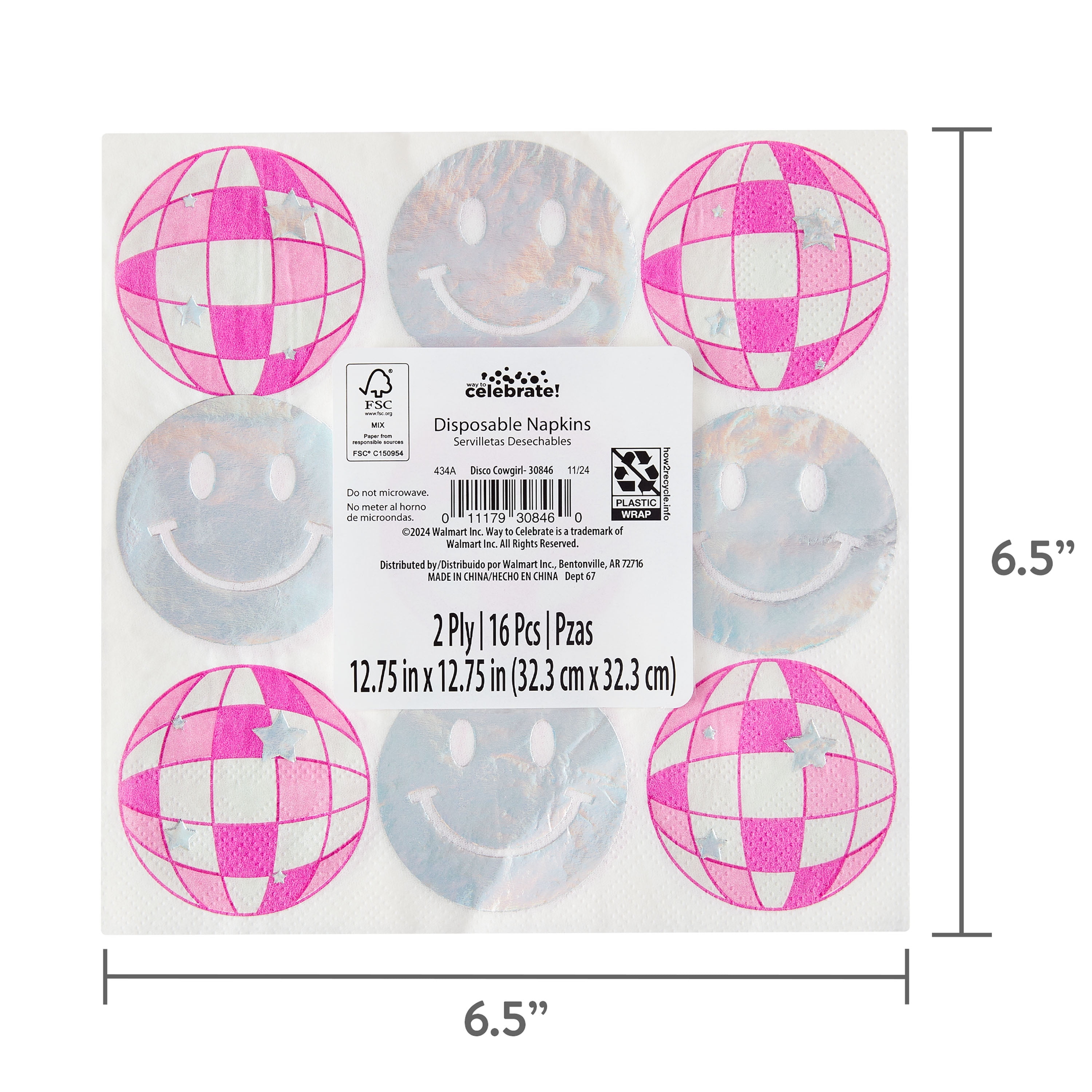 (12 pack) 6.5" x 6.5" Disposable Silver/Pink Disco Ball Paper Napkins, 16 Pieces, by Way To Celebrate
