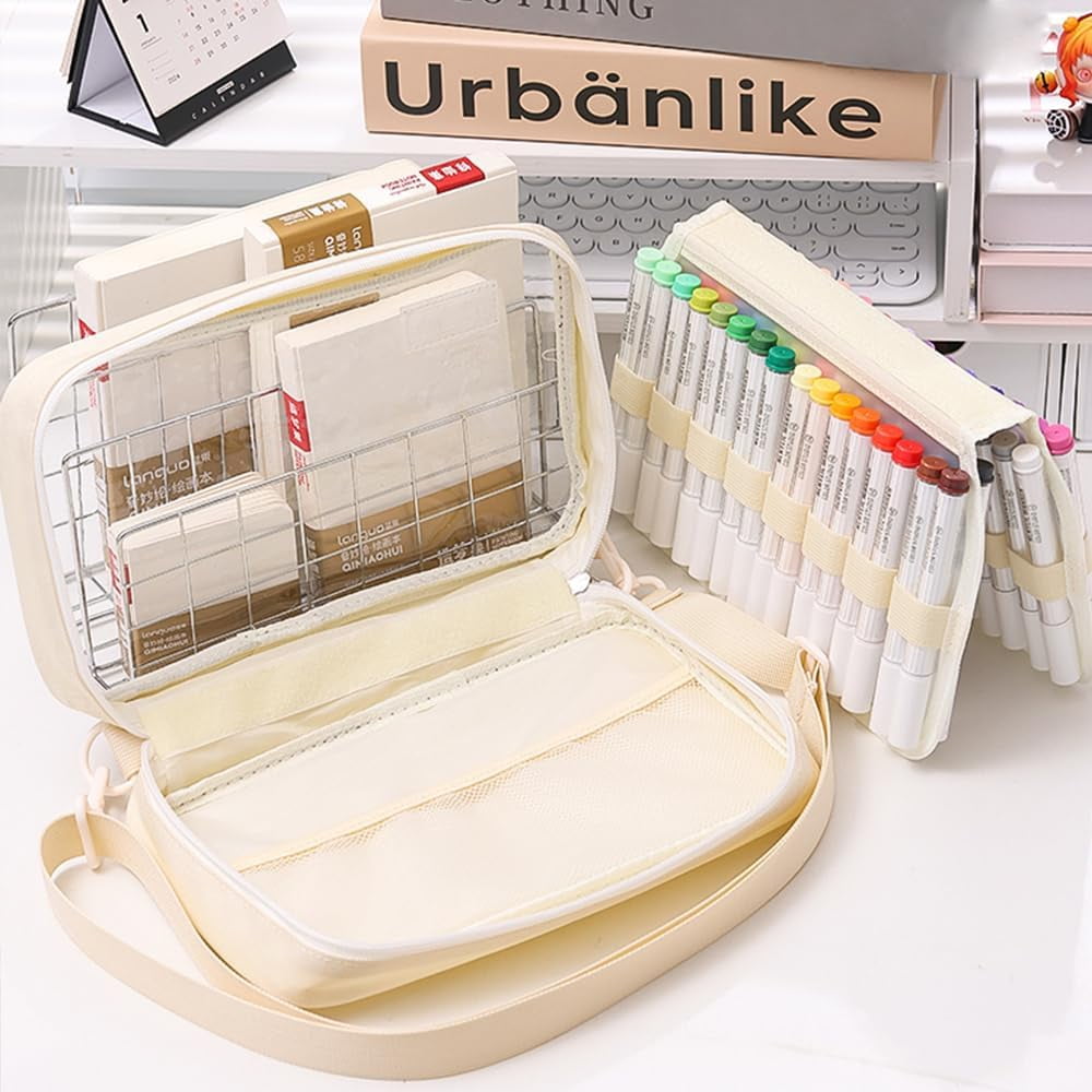 ABPETE  Marker Organizer Case for 64 paint markers, Marker Carrying Bag with Handle, Waterproof Pen Pouch Bag for Travel,Off White(Excluding Marker)