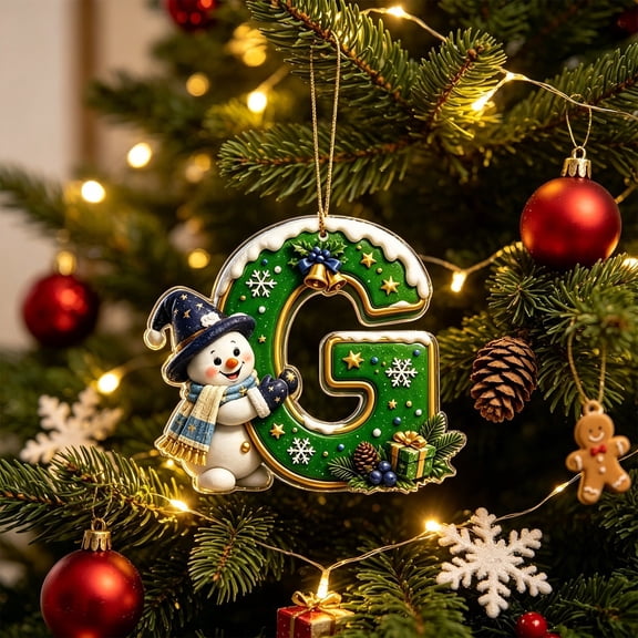 JeashCHAT Initial Letter Christmas Snowman Ornaments, Green Personalized Initial Christmas Ornaments, 2D Flat Acrylic Hanging Pendant Christmas Tree Decoration, Xmas Gifts, G