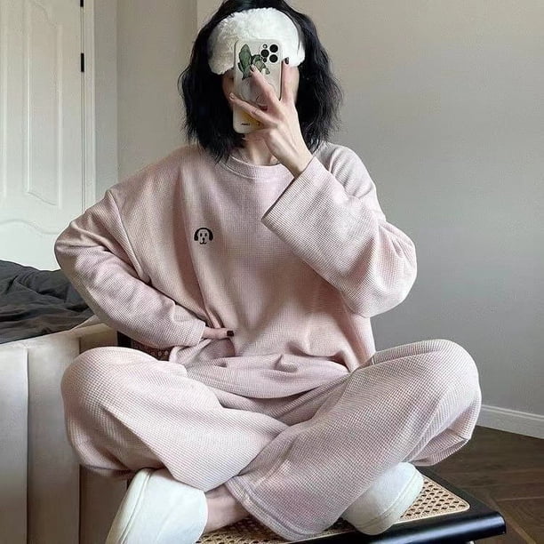 Pijama de manga larga con estampado de gofres para primavera, otoño e invierno, para mujer, con cara sonriente, cuello redondo, holgado, para el hogar