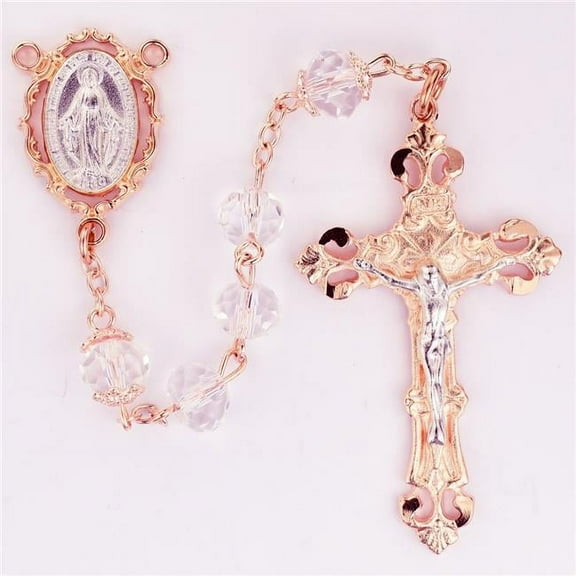 McVan R745F 8 mm Crystal Rose Gold Miraculous Cross Rosary Set - Clear