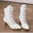 thumbnail image 6 of Women's Vintage Victorian Mid Calf Ankle Boots Pointed Toe Chunky Low Heel Boot Shoes Lace Up Outdoor Knight Boots with Zipper Side, 6 of 6