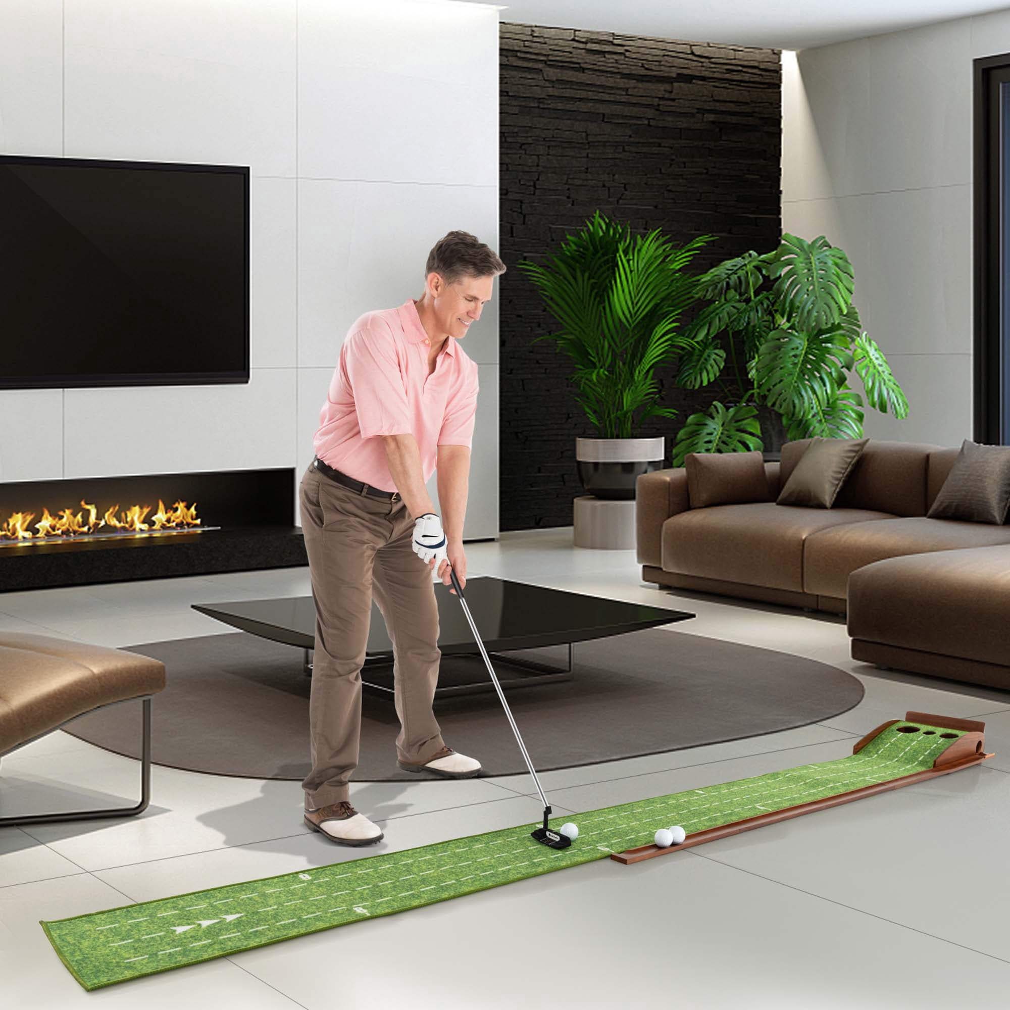 Costway Putting Green Practice Golf Putting Mat with Auto Ball Return and 3 Hole Sizes