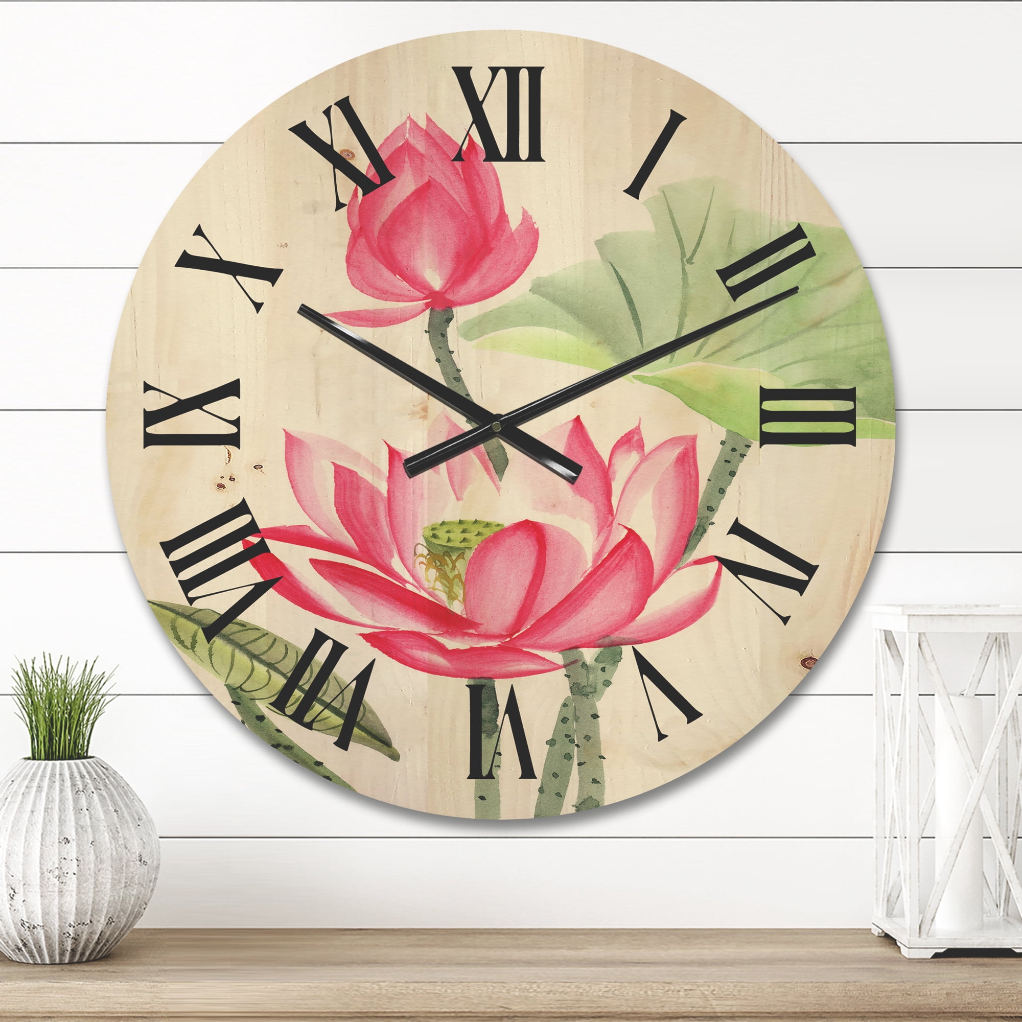 Designart 'Ancient Pink Lotus Flower' Traditional Wood Wall Clock