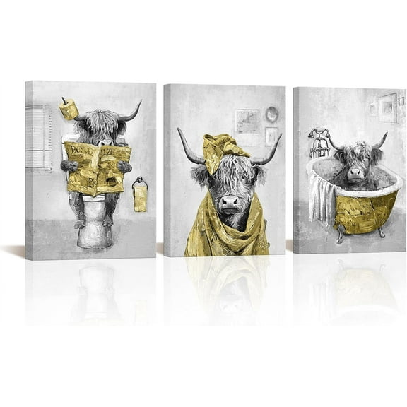 Hieng Blue and Grey Bathroom Decor Funny Highland Cow Wall Art Cattle Paintings Apartment Bathroom Hotel Decorations Unframed
