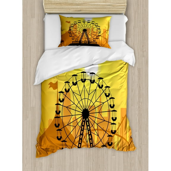 Ambesonne Ferris Wheel Duvet Cover Set, Amusement Park City, Twin, Mustard Ginger