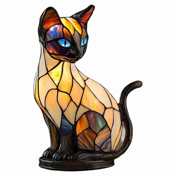 Stained Glass Cat Lamp Cute Animal Resin Night Light LED Bedside Lamp for Bedroom Living Room Decor Home Decoration Gift