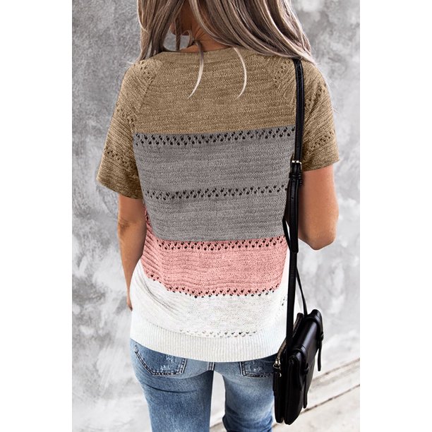 ABPHQTO Top de mujer de punto con cuello de pico y estampado de rayas multicolor