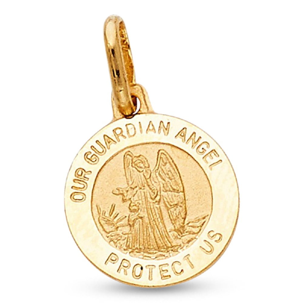 Guardian Angel Protect Us Pendant Solid 14k Yellow Gold Prayer Coin