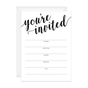 Black And White All Occasion Script Invitations / 25 Fill In General Use Invites / 5" x 7" Flat Modern Shower Party Or Event Invitation / Made In The USA