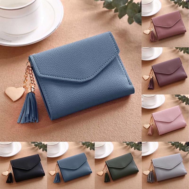 Women PU Leather Tassel Purse Wallet Cards Holder Tri-fold Cute Handbag