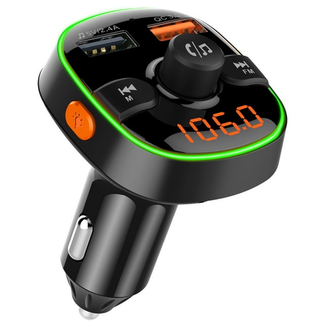 Bluetooth FM Transmitter for Car, QC3.0 Wireless Radio Bluetooth Adapter Music Player Charger Car Kit with Hands Free, 7-Colors LED Backlit, 2 USB Ports, Support TF Card USB Flash Drive