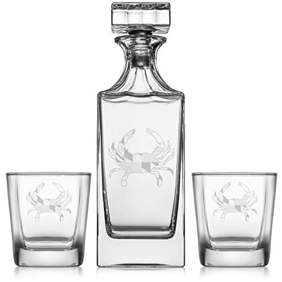 Whiskey Decanter Gift Set With 2 Whiskey Old Fashioned Rocks Glasses Maryland Crab