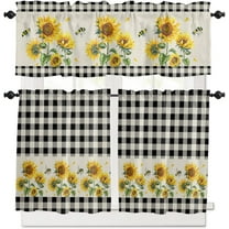 3 Piece Farmhouse Retro Sunflower Kitchen Curtains, Tier and Valance Rod Pocket Window Curtains Set Black Buffalo Check Cafe Curtains for Kitchen Valances Window Treatment 54X18in 27x24in×2