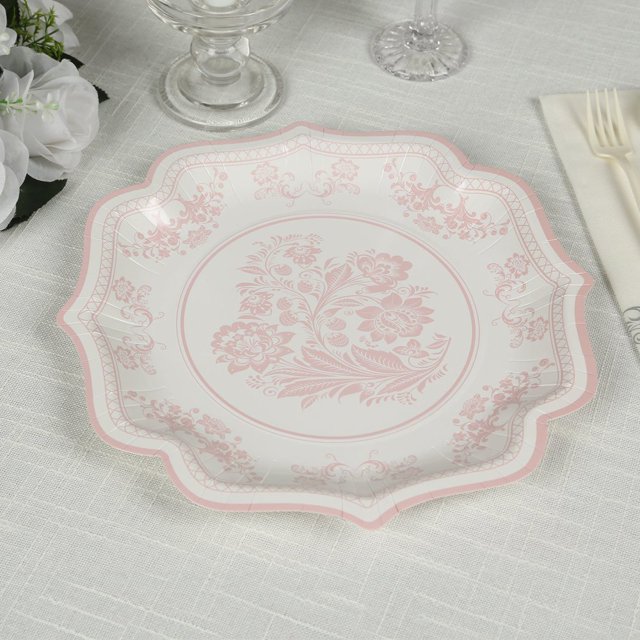 CUITING 25 Pack White Pink Paper Dessert Plates in Damask Floral Pattern 8” Round Disposable Salad Appetizer Plates with Scalloped Rims - 300 GSM