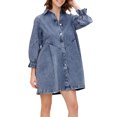 thumbnail image 4 of Txlixc Vestido de mujer con mangas farol 3 / 4 Moda Color sólido solapa Botón Cintura alta Vestido de mezclilla suelto Txlixc moda, 4 of 8