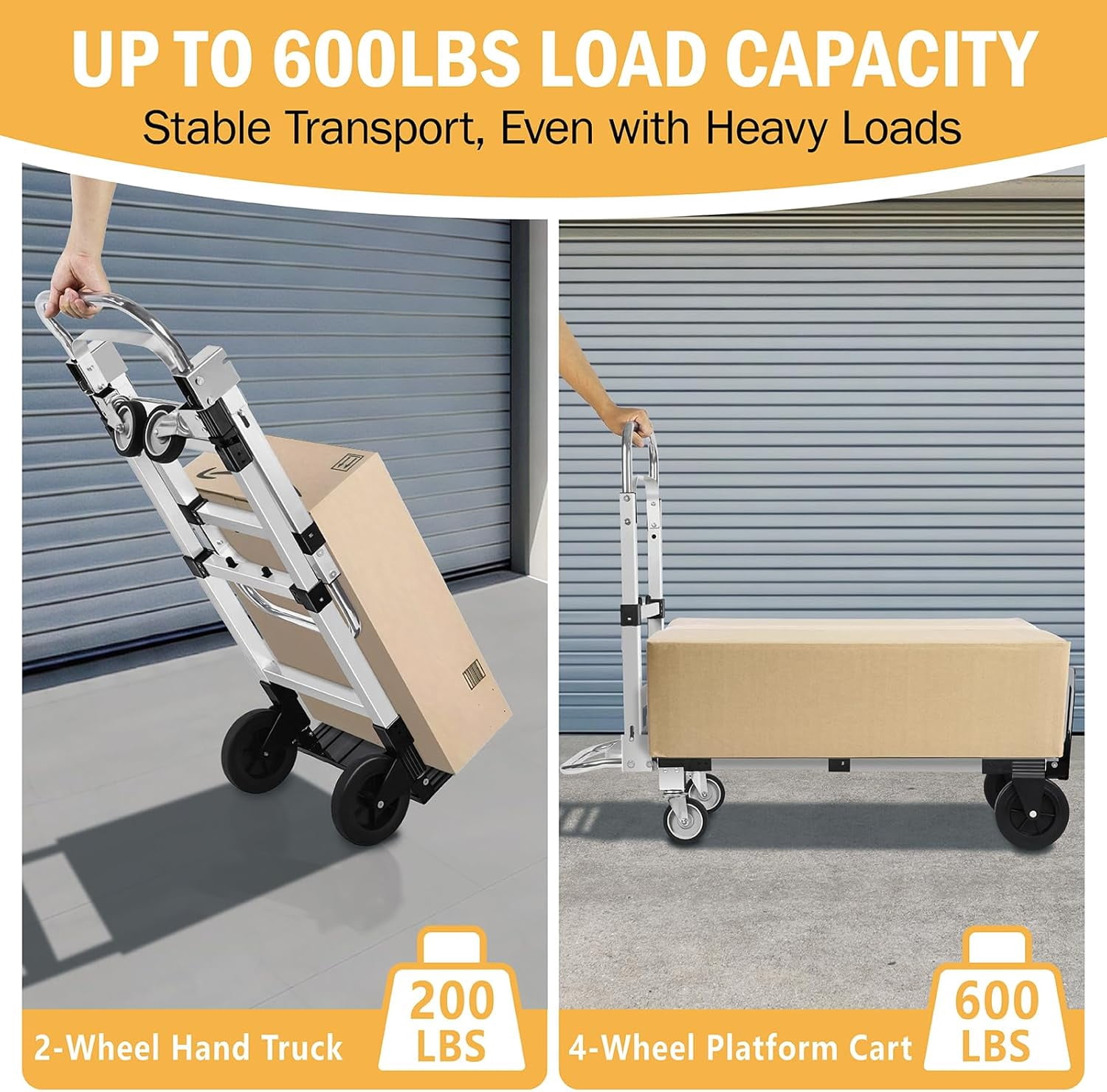 600 LBS Heavy Duty Dolly Cart with Wheels, 3-in-1 Folding Hand Truck with Retractable Handle, Aluminum Alloy Collapsible Hand Cart for Warehouse Home Supermarket