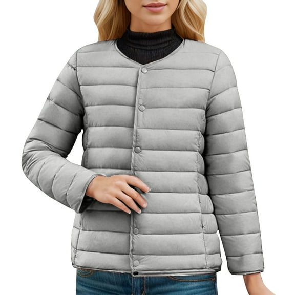 Bibifish Women's Down Jackets Casual Collarless Button Front Lightweight Jackets Winter Daily Wear Packable Down Jackets With Pockets