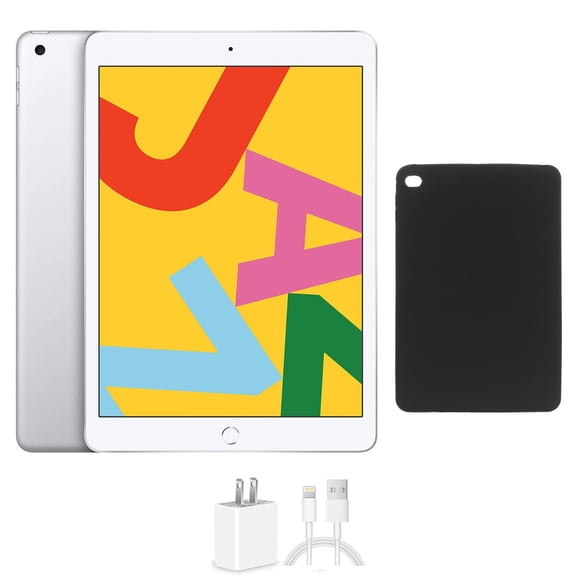 Restored Apple iPad 7 10.2 128GB Silver Wi-Fi Bundle, Includes Protective Case and Charger