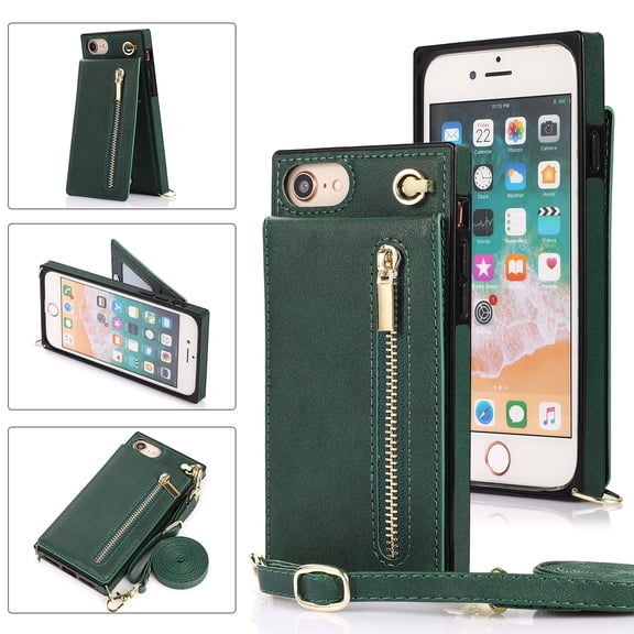Crossbody Wallet Case for iPhone 7 / 8 / SE 2022 & 2020 with Card Holders RFID Shockproof Cover, Back Magnetic Flip Kickstand Zipper Slot Case, PU Leather Handbag Shoulder Strap Phone Case,Green