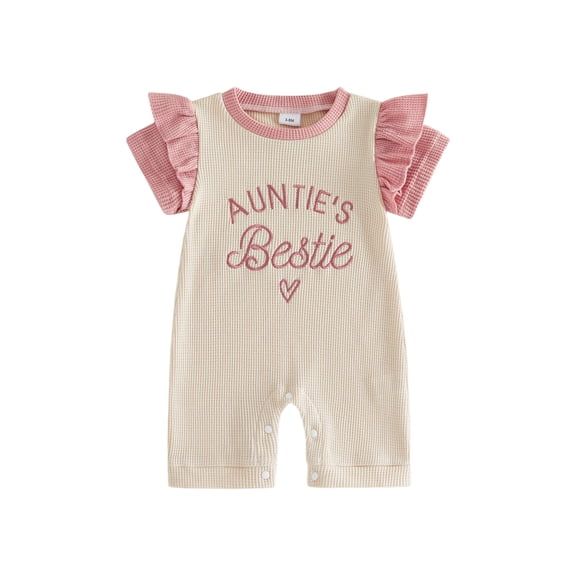 BemeyourBBs Auntie's Bestie Baby Girl Summer Clothes 0 3 6 12 18 Months Waffled Romper Infant Baby Girls One Piece Outfit Casual Letter Embroidered Ruffled Trim Short Sleeve Jumpsuit Shorts