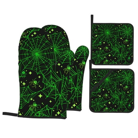 

Oven Mitts and Pot Holders 4 Piece Green Bright Web with Spiders High Heat Slip Resistant Oven Mitt and Trivets Set Kitchen Oven Glove Pot Holders for Cooking Baking Grilling