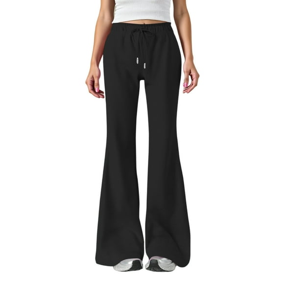 WTOBBY Women's Fashion Loose Drawstring Waist Solid Color Cargo Pants, Elastic Band Flare Leg Joggers Casual Comfortable Athletic Wear for Women,Black L